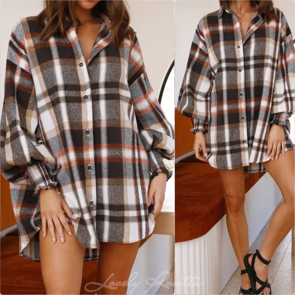 Lovely Rosetta Tops - Fall In Love With Plaid Lantern Sleeve Shirt